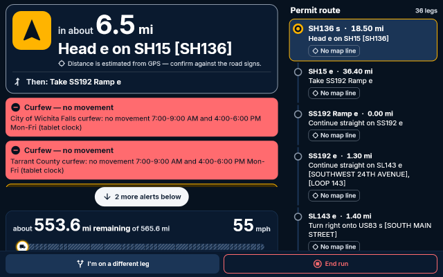 The driving screen showing two curfew alerts, 'no movement 7:00 to 9:00 AM and 4:00 to 6:00 PM, Monday to Friday', above the remaining distance.