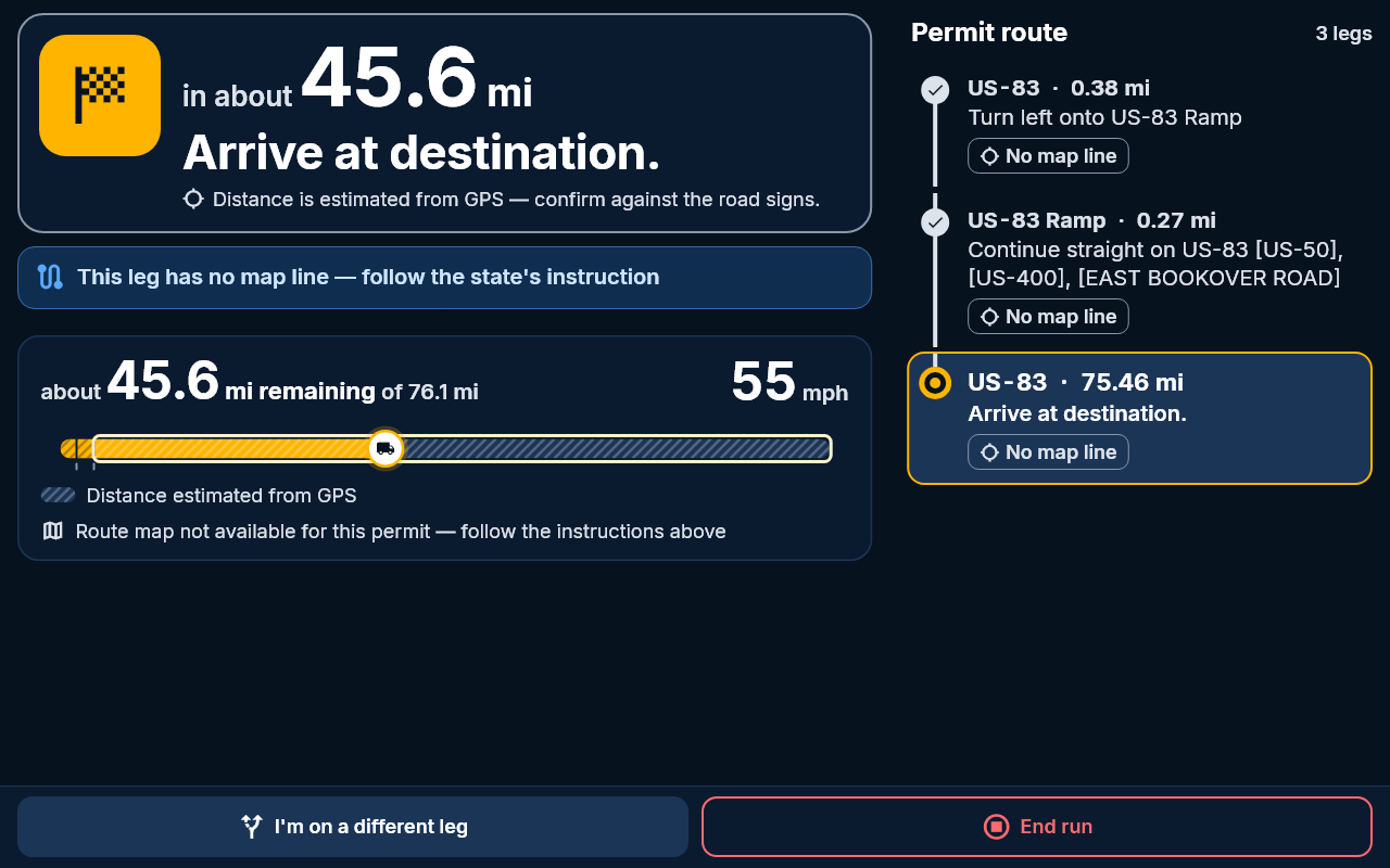 The same driving screen in the night theme, with dark backgrounds and amber highlights.