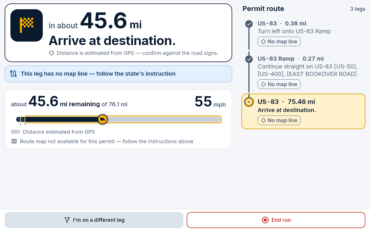 Day theme driving screen: 'in about 45.6 miles, arrive at destination', 45.6 of 76.1 miles remaining on the progress ribbon, and three legs on the timeline.
