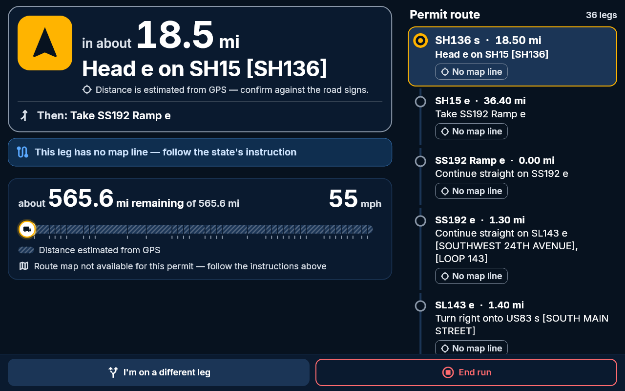 Route Pro driving screen at night: a large next instruction, 'in about 18.5 miles, head east on SH15 (SH136)', the remaining distance with a progress ribbon, and the permit's legs listed on the right.