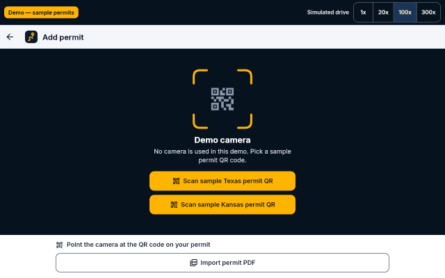 The Add permit screen with a QR viewfinder and an Import permit PDF button.
